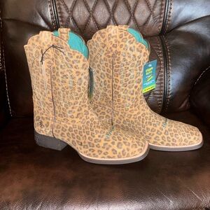 Ariat Leopard Print Kids Western Boots with Teal Accent